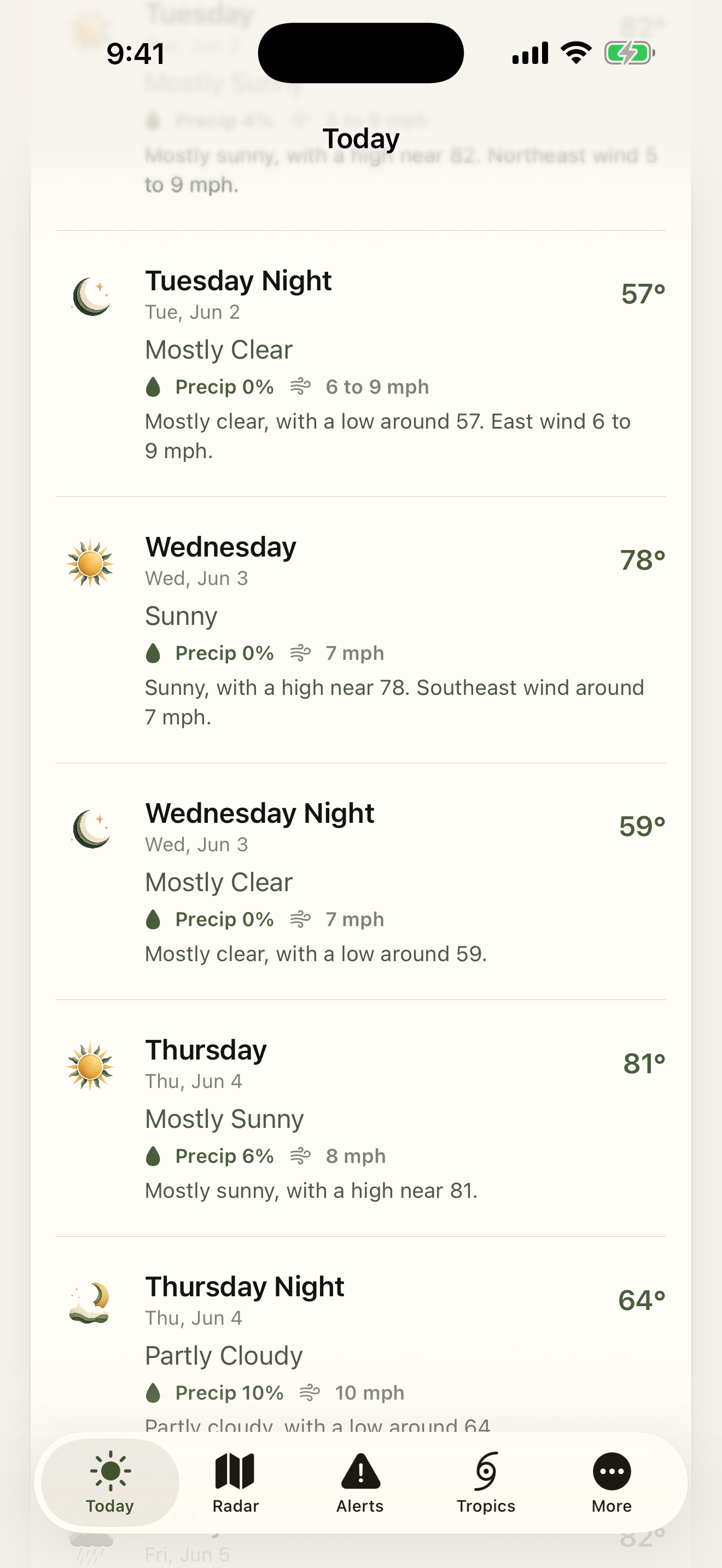 Weather Direct weekly forecast screen showing readable daily forecast rows inside an iPhone mockup.