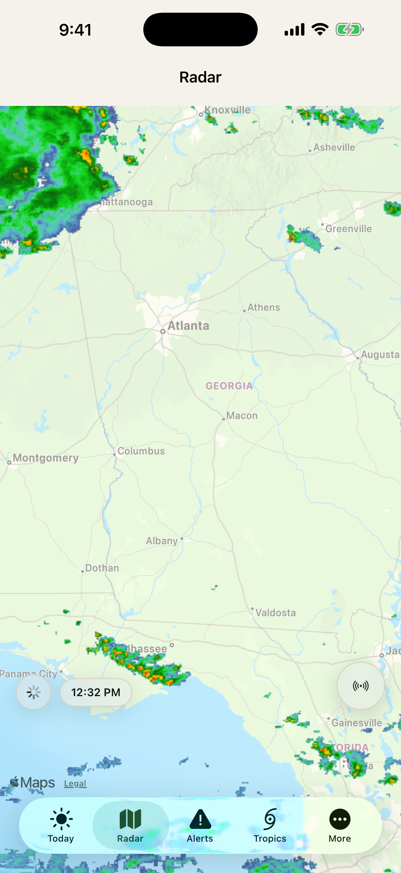 Weather Direct Radar screen showing precipitation over a map inside an iPhone mockup.