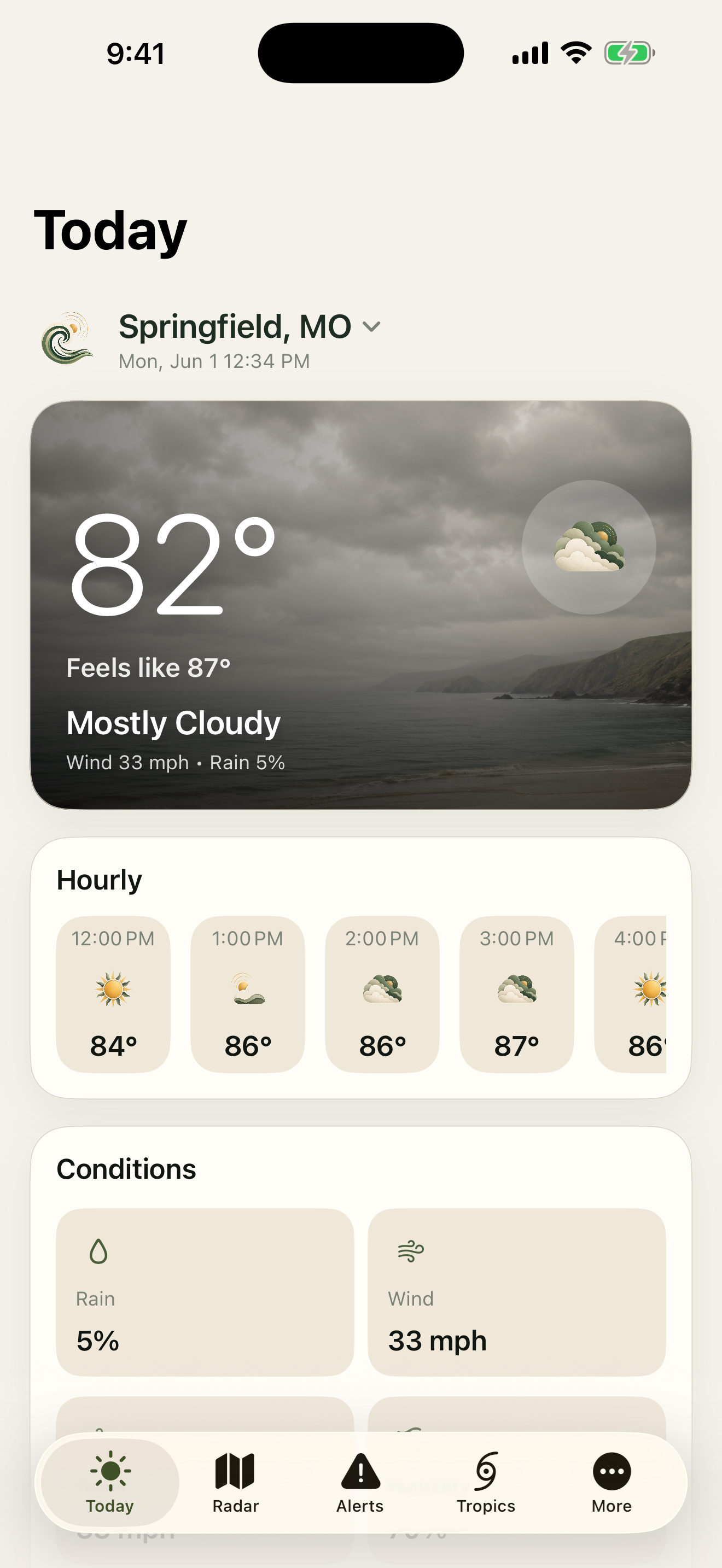 Weather Direct Today screen showing Springfield, Missouri current conditions, hourly forecast, and weather metrics inside an iPhone mockup.