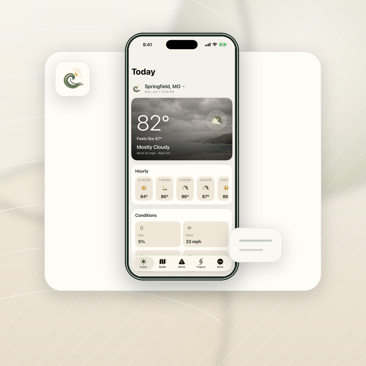 Weather Direct product graphic showing the Today screen in a quiet mist-toned product layout.