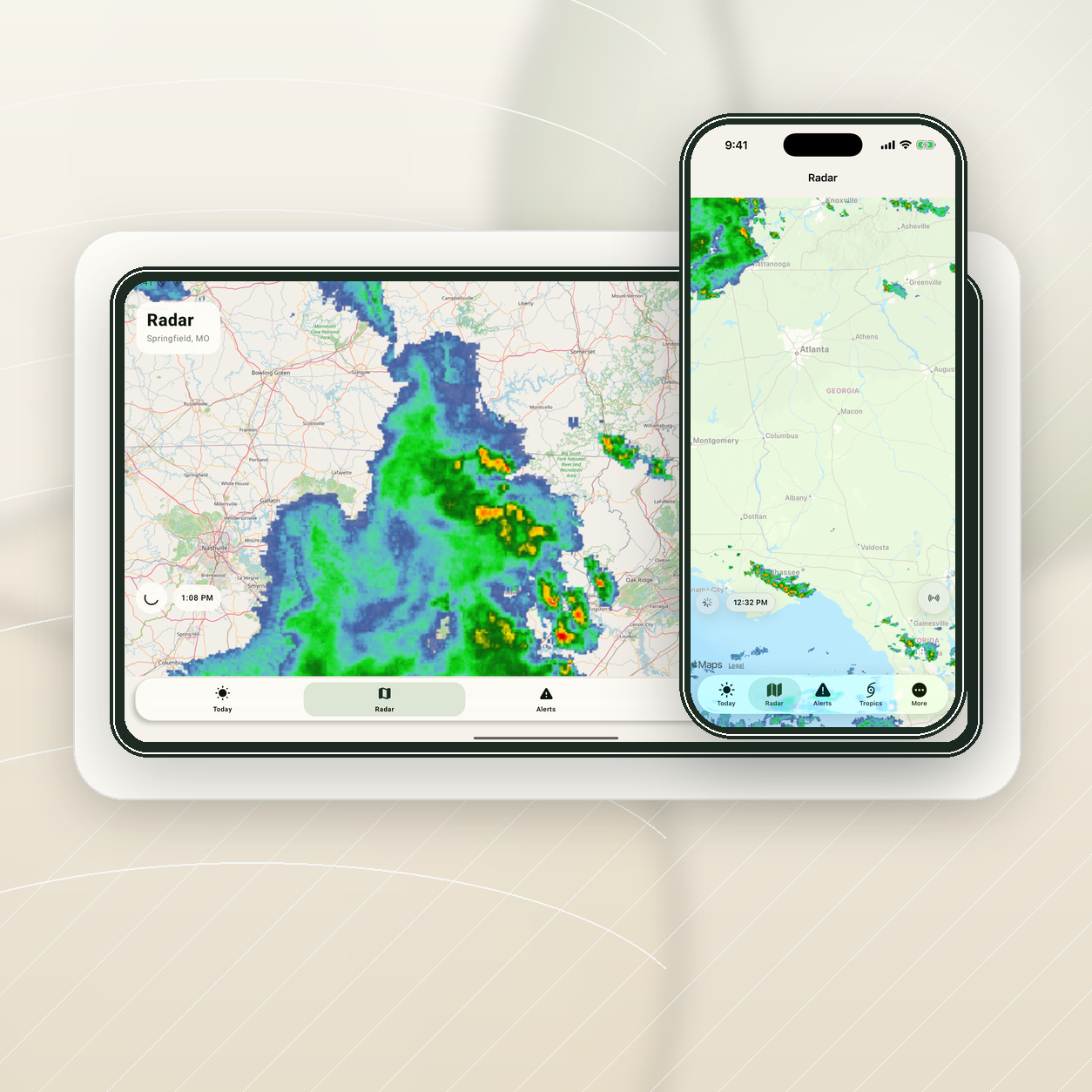Weather Direct product graphic showing radar on tablet and phone screens with precipitation over a map.
