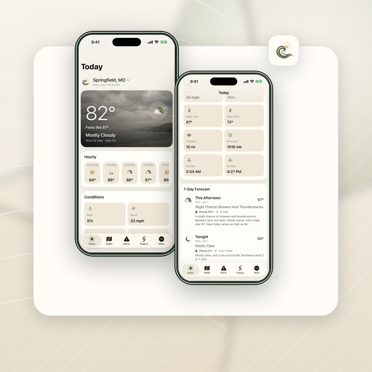 Weather Direct product graphic showing the Today view with current conditions, hourly forecast, and weather metric cards on phone screens.