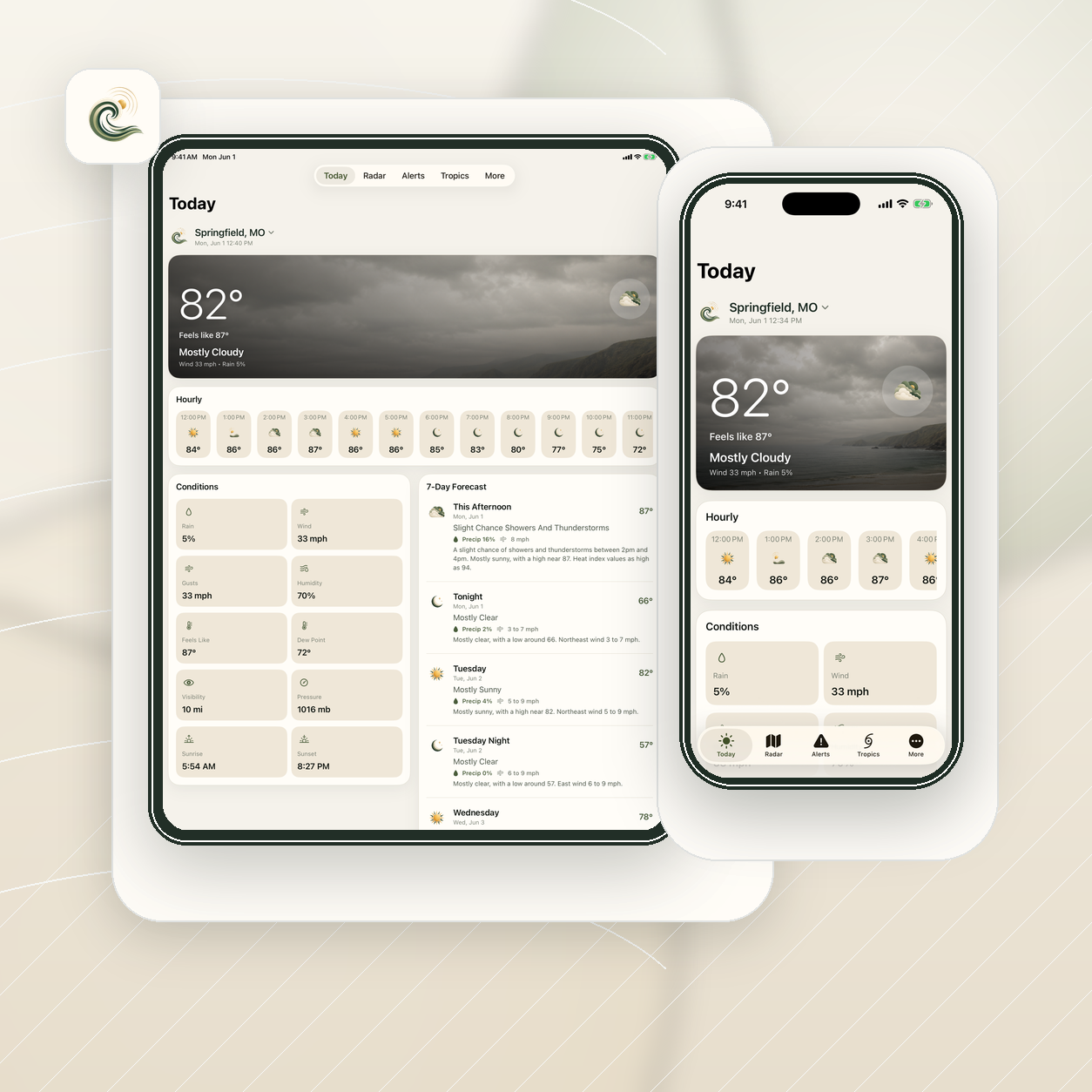 Weather Direct product graphic showing the Today view on tablet and phone screens in a calm mist-toned layout.